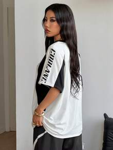 Coolane 女士街头风超大款赛车摩托车印花撞色插肩袖T恤 - 黑色 - 查看 3