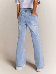 Radiana Vintage Blue Denim Bowknot Pocket Design Flared Pants For Tween Girl,Girls Summer Brunch Church Graduation Party Outfits,Streetwear,Girls Summer Beach Boho Vacation Shorts, Summer Concert Festival Casual Rave Outfits, Girls Summer Brunch Church Graduation Outfits,Streetwear,Back To School Outfits,Back To School Outfits, Flare Jeans, Jeans With Bows, Jeans For Teens, Bow Jeans, Light Wash Jeans - Light Wash - View 2