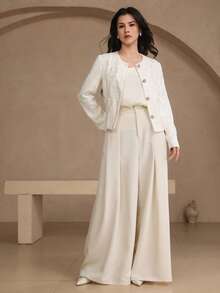 DAZY Women's Elegant Floral Print Round Neck Regular Jacket, Spring/Summer - Beige - View 7