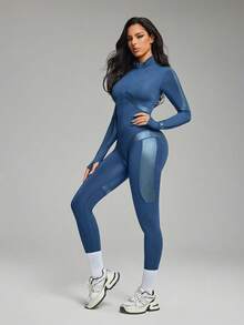 Innovista Women's Stand Collar Zipper Fitted Daily Outdoor Ski Jumpsuit, Long Sleeve - Blue - View 12