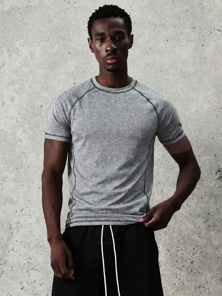 Heather Grey Crew Neck Tee With Contrast Stitching