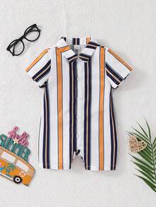SHEIN Infant Fashionable Striped Print Button Romper - Multicolor - View 1