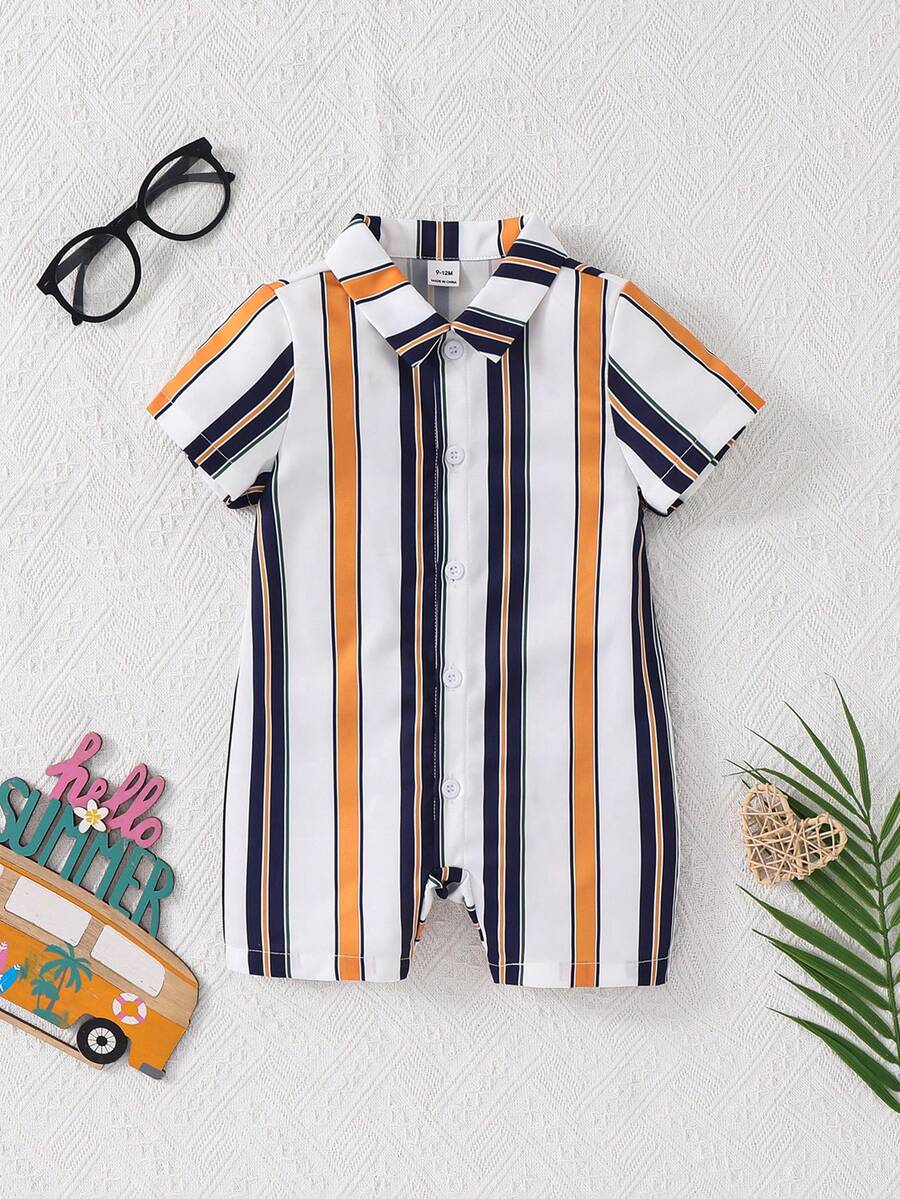 SHEIN Infant Fashionable Striped Print Button Romper - Multicolor - View 1