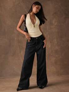 SHEIN BAE 女士时尚金属装饰褶皱吊带露背吊带衫，夏季 - 杏色 - 查看 5