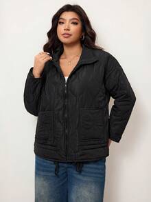 Enliva 秋冬大码休闲纯色抽绳下摆夹克 - 黑色 - 查看 8