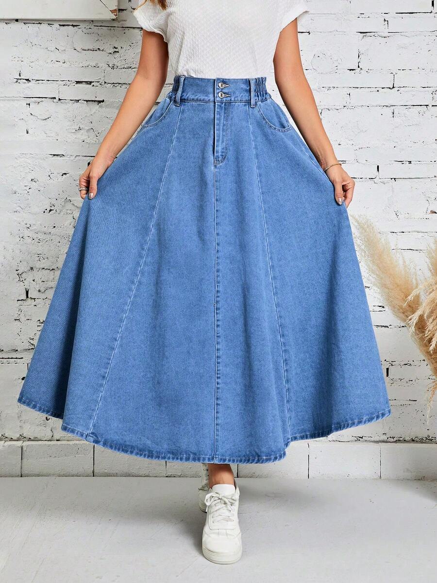 EMERY ROSE Women's Button Waist Design Pocket Casual Denim Skirt - Medium Wash - View 1