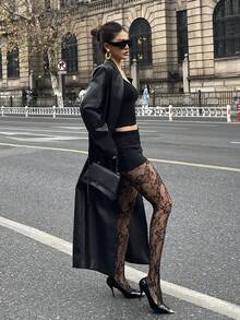 DAZY 女士提花渔网袜，性感镂空薄款黑色紧身裤，塑身打底裤 - 黑色 - 查看 4