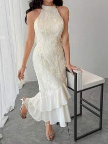 DAZY 女士优雅花卉纹理荷叶边无袖连衣裙，夏季 - 米色 - 查看 3