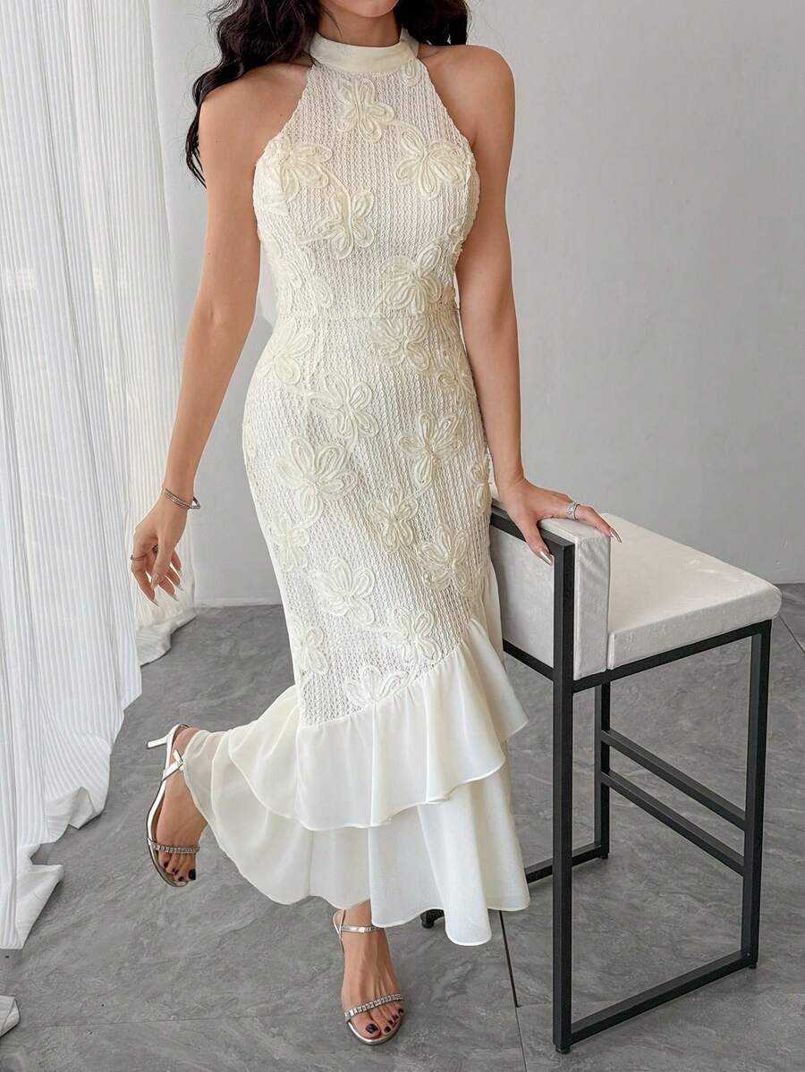 DAZY Women's Elegant Floral Textured Ruffle Trim Sleeveless Dress, Summer - Beige - View 1