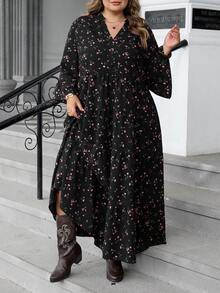 SHEIN CURVE+ CURVE PLUS /Valentine's Day/Plus Size Women Floral Print Flared Sleeve Loose Vacation Dresssummer/Country/Beach Vacation Outfits/Beach Outfits/Beach Wear - Multicolor - View 6