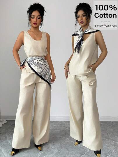 Siren Gaze Women's Solid Color Sleeveless Long Top With Ribbon Decor And Pockets, Paired With Wide Leg Pants, Casual Daily Outfit