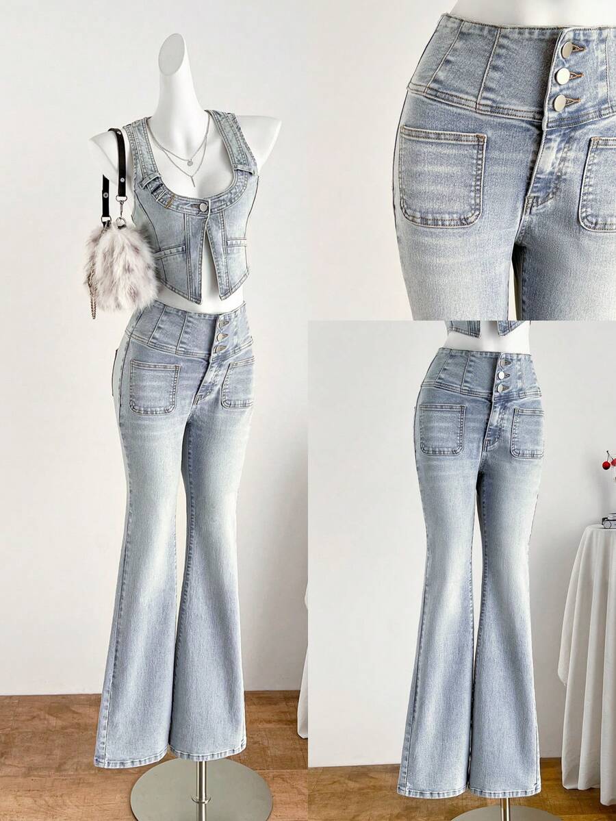 Elamini Women's Pocket Button Casual Versatile Daily Wear Flare Jeans - Blue - View 1