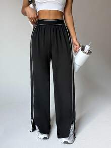 Dewbera Women's Loose Fit Straight Leg Sweatpants With Pockets, Waistband Contrast Stripe, High Stretch Elastic Waist, Suitable For Daily Casual Wear, Running, Yoga, Gym, Tennis, Golf, Autumn/Winter Athleisure Wide Leg Pants Palazzo Pants Women Loose Pants - Black - View 4