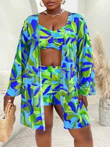 Slaydiva 3pcs Plus Size Swimwear Set, Includes Swimwear, Cover-Up, Random Floral Print, Casual Summer Beach Outfit For Women - Multicolor - View 5
