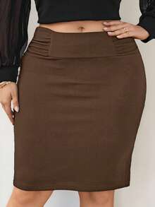Firerie Plus Size Women Elegant Solid Color Pleated Bodycon Skirt - Khaki - View 3