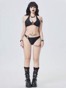 ROMWE Gothic Style Sexy Fashion Versatile Solid Color Five-Pointed Star Metal Chest Decor Lace-Up Halter Backless Swimwear Top Paired With Asymmetric Metal Decor High-Cut Swimwear Bottom Bikini Two Pieces Set, Fitted, Suitable For Festivals, Parties, Holidays, Spring Break Goth Bikini Gothic Swimwear Goth Swim Suit Sets Pentagram Bikini, Curve Swim Suit Sets,Dark-Themed Music Festival / Themed Party,New Year's Eve / Dark-Themed New Year's Party,Goth Beachwear,Pentagram Hardware Bikini, Goth Swimsuit - Black - View 6