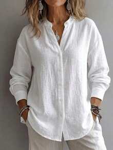 EMERY ROSE 2026新款女士宽松半透明白色长袖衬衫，小V领，褶皱细节，褶皱面料，休闲办公通勤简约学院风衬衫 - 白色 - 查看 3