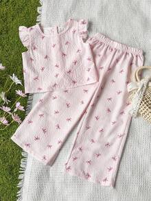 Vintaside Kids Young Girl Textured Fabric Short Sleeve Button Back T-Shirt & Casual Long Pants 2-Piece Set - Pink - View 3