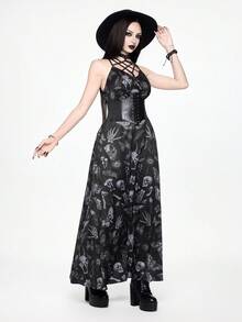 ROMWE Đầm đen không tay in hình đầu lâu Gothic, bướm đêm, bướm ngày, nấm, cây cối, ngôi sao năm cánh. - màu đen - Xem 6