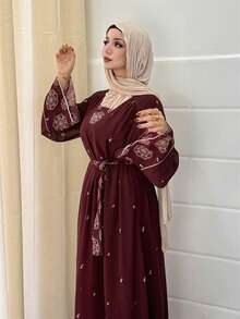 DAZY 印花宽松长款喇叭袖系带优雅连衣裙，适合春夏度假穿着。 - 酒紅色 - 查看 6