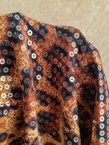 Soleia Mono de mujer con estampado de leopardo, volantes con lentejuelas y recortes calados, sexy - Café integral - Ver 9