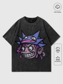 ROMWE MEN Street Life Spring Casual Graphic Men'S Funny Graffiti Portrait Print Washed Crinkle Short Sleeve T-Shirt, Summer - Black - View 6