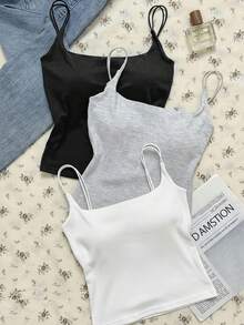 Tseoso 这款休闲百搭的黑白灰罗纹吊带背心，内置衬垫胸罩，适合全年穿着，居家、运动、西部风情音乐节、可爱返校造型、复古Y2K风格、柔美清新少女风、Z世代、姐妹会风格、夏季骑行、瑜伽和运动服等各种场合。 - 黑色 - 查看 2