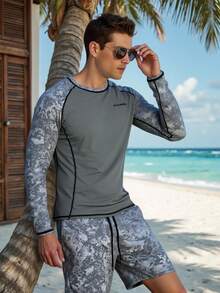 Manfinity VDAYZ 男士印花圆领长袖防晒衣和抽绳腰泳裤套装 - 灰色 - 查看 1