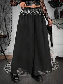 Whyspr Plus Size Chiffon Comfortable Wide Leg Culottes, Suitable For Spring/Summer, Vacation And Daily Wear - Black - View 1