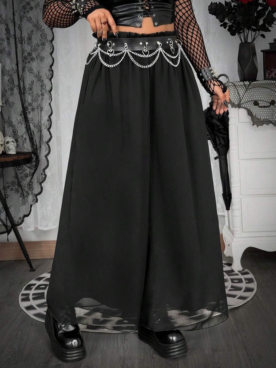 Whyspr Plus Size Chiffon Comfortable Wide Leg Culottes, Suitable For Spring/Summer, Vacation And Daily Wear - Black - View 1