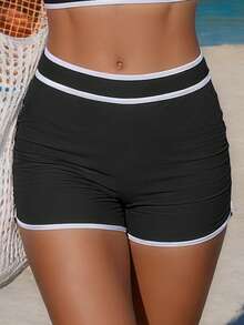 SHEIN Swim Women's High Waist Black & White Patchwork Sports Swim Shorts, Suitable For Beach, Travel, Party, Versatile, Spring/Summer - Black and White - View 3