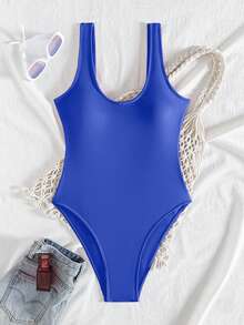 Swim Basics 2025新款女士纯色连体泳衣，适合海滩度假 - 寶藍色 - 查看 2
