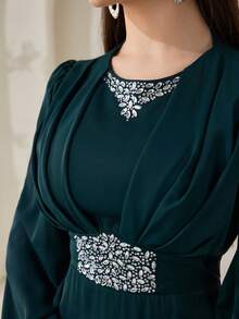 Veilorie Đầm dạ hội sang trọng mới, đính đá lấp lánh, xếp ly eo, kiểu dáng thanh lịch. - Màu xanh lá cây đậm - Xem 1
