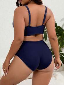 SHEIN Swim Curve Plus Size 2pcs Solid V-Neck Top And High Waist Shorts Women Summer Vacation Bikini Set Set - Navy Blue - View 2
