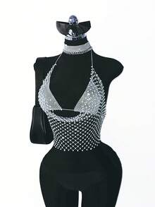 EgrlEra Women's Hollow Out Rhinestone Embellished Sexy Halter Crop Top - Light Grey - View 4