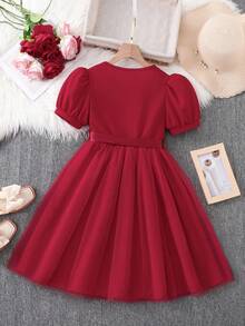 Girls' Elegant Bowknot Decor Dress With Belt, Summer - Red - View 5