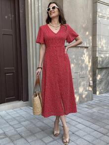 Solivie 女士时尚印花V领连衣裙，夏季 - 紅色 - 查看 6