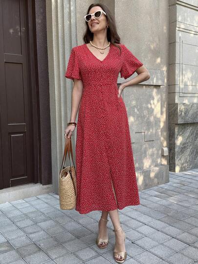 Solivie 女士时尚印花V领连衣裙，夏季