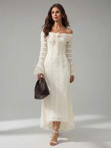 SHEIN Tall 下午茶时光甜美优雅露肩长袖连衣裙约会装扮3D立体花卉连衣裙 - 白色 - 查看 1