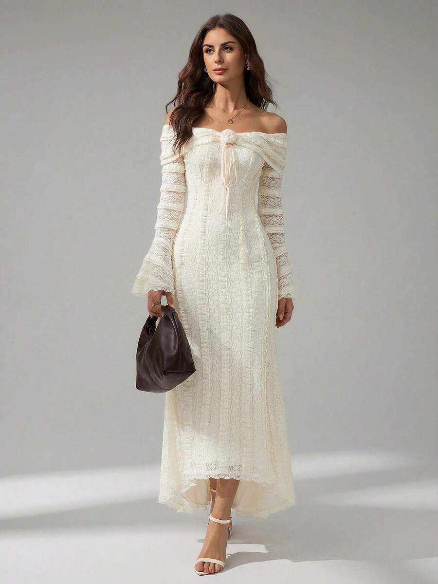 SHEIN Tall 下午茶时光甜美优雅露肩长袖连衣裙约会装扮3D立体花卉连衣裙 - 白色 - 查看 1