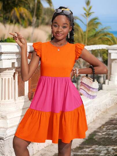 SHEIN Teen Girl Knitted Cap Sleeve Colorblock Casual Smock Dress