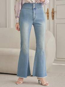 DAZY Women's Casual Washed Frayed Hem Flare Leg Jeans, Spring/Summer - Medium Wash - View 3