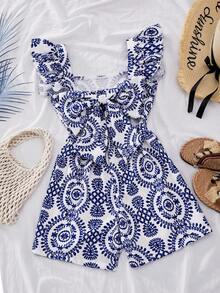 Sparklyn Girls' Elegant Digital Print Jumpsuit, Hollow Bowknot Design At Back Waist, Suitable For Outings, Vacations And Daily Wear, Spring/Summer - White - View 3