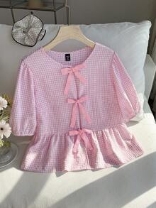 SHEIN EZwear 加大码女士夏季印花荷叶边下摆上衣，饰有蝴蝶结 - 粉色 - 查看 5