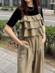 FRIFUL 女士吊带荷叶边阔腿连体裤，夏季度假风连体裤 - 綠色 - 查看 1