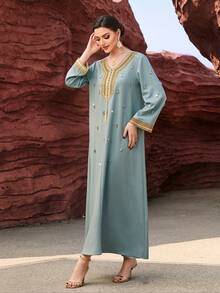 Al Najma Vestido árabe largo de manga larga con bordado y decoración de strass, elegante vestido de fiesta de noche para damas - Neblina azul - Ver 4