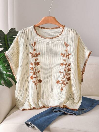 CosyJoli Plus Size Women Plant Pattern Round Neck Batwing Short Sleeve Hollow Out Knit Top