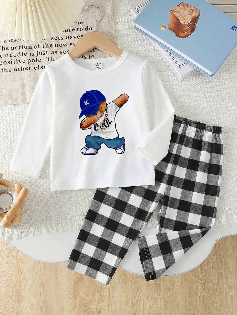 2pcs Baby Boy Long Sleeve Pajama Set, Round Neck White Loose Top With Cool Bear Print, Paired With Black & White Plaid Loose Pants, Knit Fabric, Comfortable Sleepwear - Multicolor - View 1