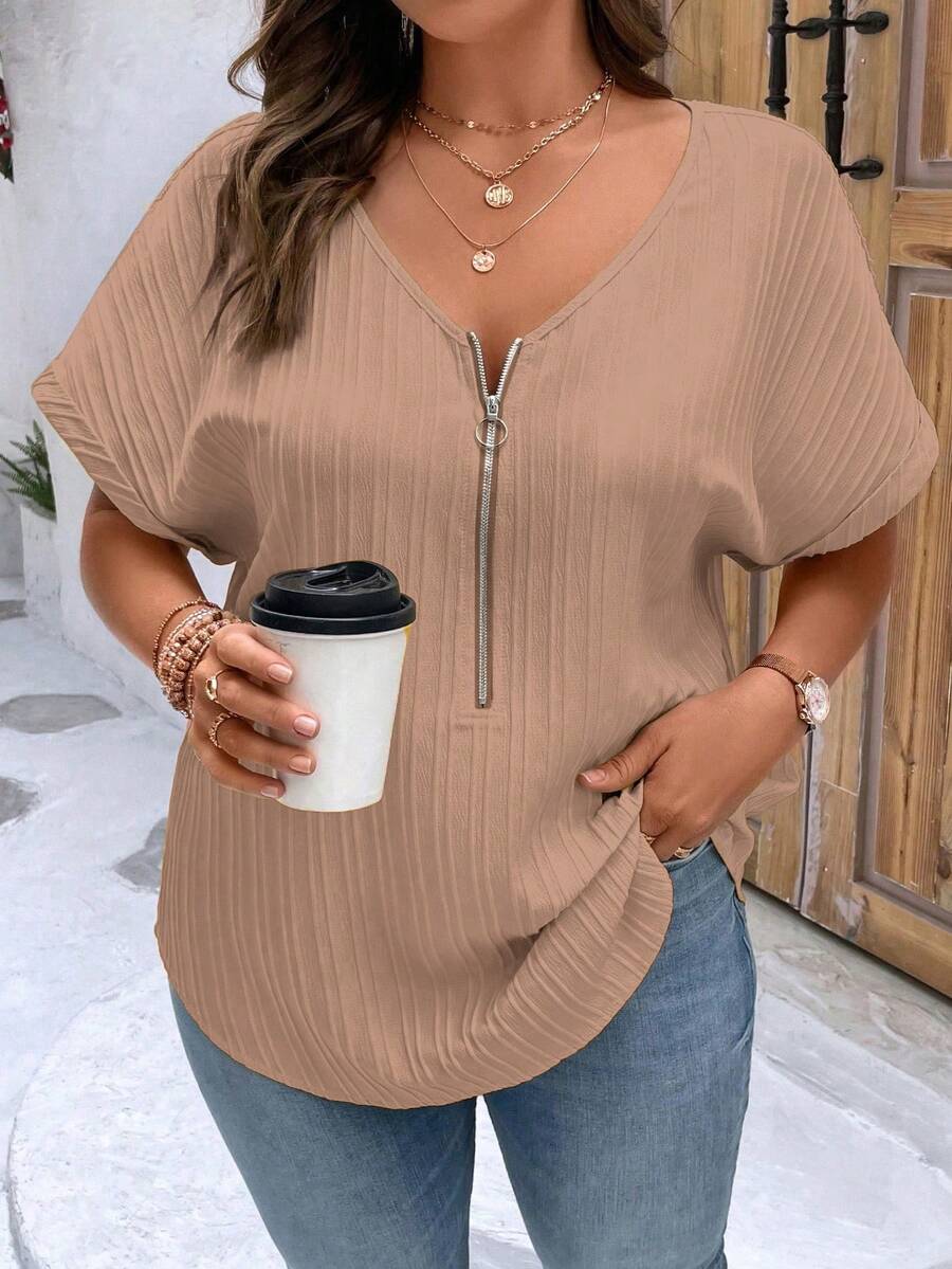 EMERY ROSE Plus Size Women's Solid Color Simple Daily Short Sleeve Shirt For New Year Clothes - Khaki - View 1