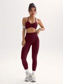 SHEIN Sports Women's Sports Set Backless Solid Color Fashion, Suitable For Summer Workout Women Sets - Burgundy - View 7